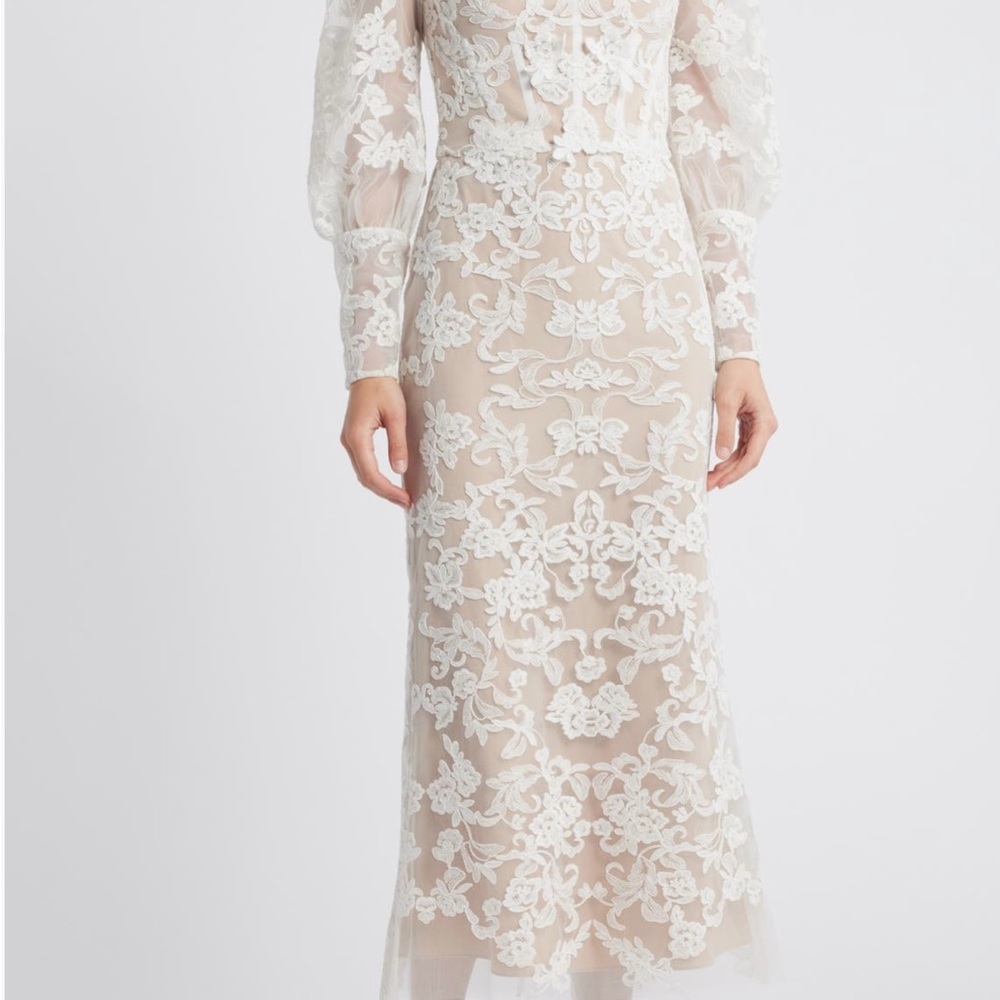 Marchesa Notte Corded Lace Long Sleeve Dress